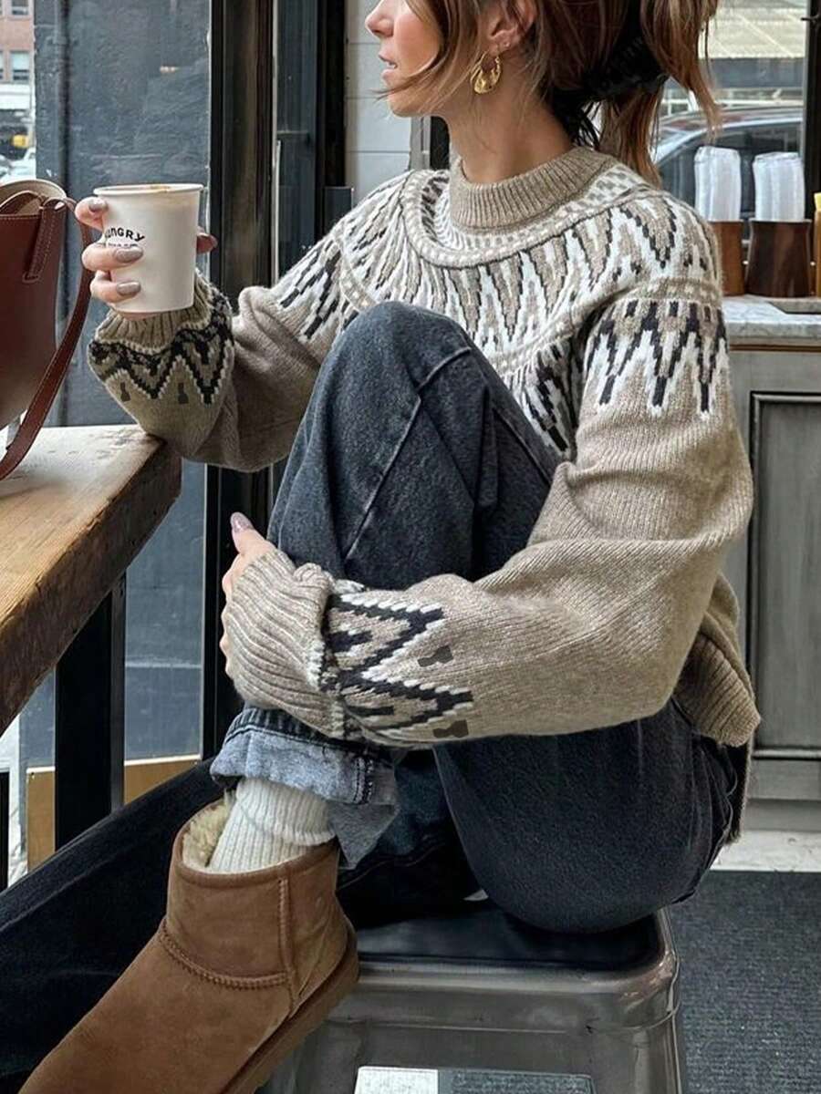 Women's Autumn/Winter New Vintage Elegant Casual Sweater, Geometric Retro Pattern Drop Shoulder Sweater, Suitable For Work/Office Casual Wear, Bohemian Geometric Retro Pattern, A Must-Have Fashion Item For Autumn/Winter Outerwear - Khaki - View 1