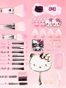 Sanrio 1pc/2pcs/4pcs/12pcs Hello Kitty Pink Girl Series Makeup Brush Set, KT Puff, Folding Double-Way Mirror, Handheld Mirror, Makeup Brush, Washing Hair Band, Bang Clip, Air Cushion Comb, Suitable For Beach Vacation, Camping Trip, Backpacking Europe, Holiday Gift Guide, Can Be Used As Mother's Day And Graduation Season Gifts