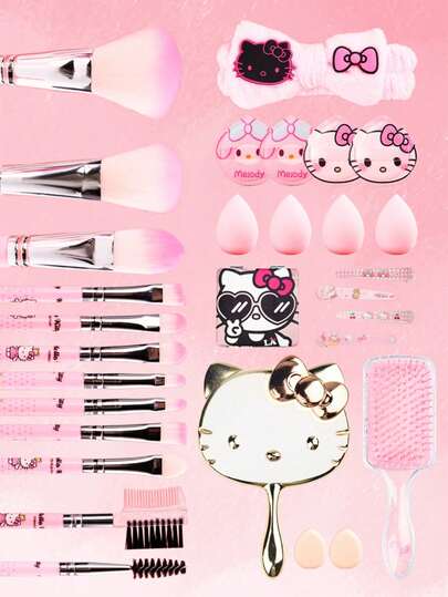 Sanrio 1pc/2pcs/4pcs/12pcs Hello Kitty Pink Girl Series Makeup Brush , KT Puff, Folding Double-Way Mirror, Handheld Mirror, Makeup Brush, Washing Hair Band, Bang Clip, Air Cushion Comb, Suitable For Beach Vacation, Camping Trip, Backpacking Europe, Holiday Gift Guide, Can Be Used As Mother's Day And Graduation Season Gifts