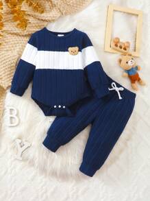 2pcs Toddler Baby Long Sleeve Fleece Cute Bear Design Set, Super Soft, Stretchy, Minimalist & Comfortable, For Baby Boys