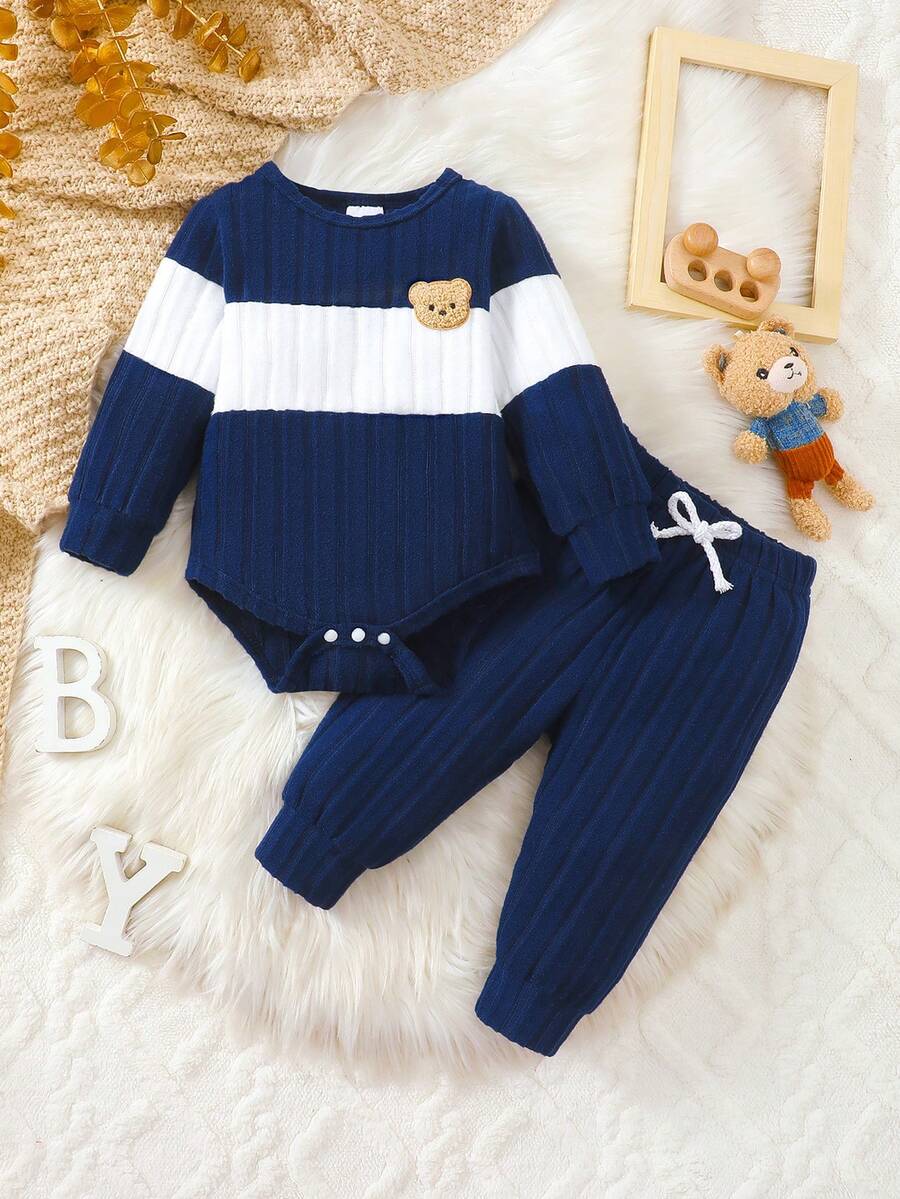 2pcs Toddler Baby Long Sleeve Fleece Cute Bear Design Set, Super Soft, Stretchy, Minimalist & Comfortable, For Baby Boys