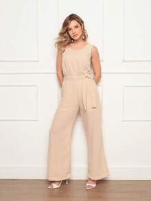 Women's Sleeveless Long Jumpsuit With High Waist Tie Belt And Side Pockets – Elegant And Comfortable - 米色 - 查看 3