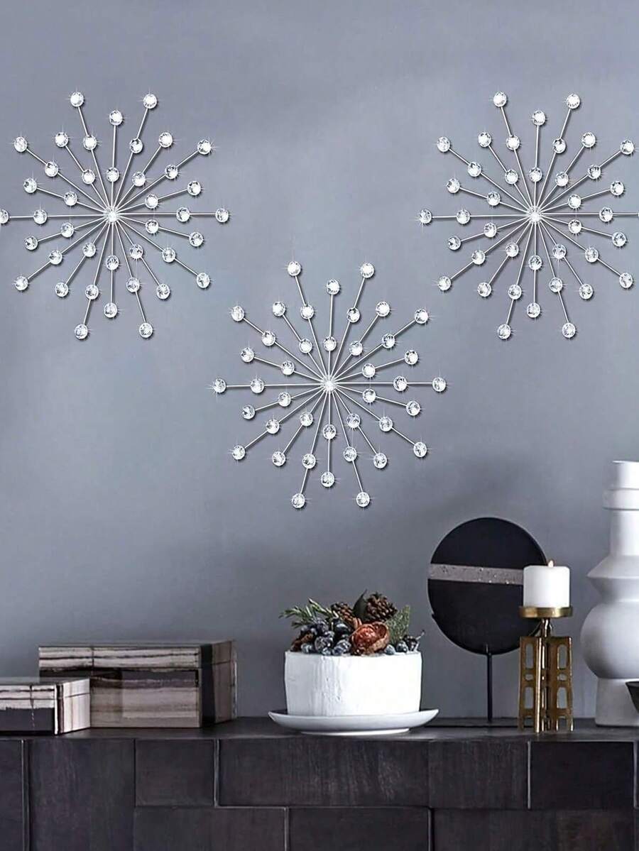 1/3 件金属墙饰闪亮水晶墙饰铸铁水钻旭日装饰星爆艺术悬挂钻石装饰家居装饰适用于客厅卧室入口（银色）