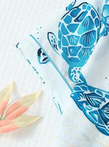 2pcs Comfortable Turtle & Shell Print Polo Collar Button Short Sleeve Top With Pockets And Bow Shorts Pajamas Set, For Spring & Summer Home Wear - Blue - View 6