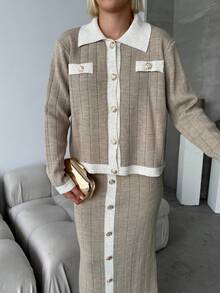 Button Detailed Skirt Set, Solid Color Casual Split Ribbed Button Co-Ord Set For Home Wear - Coffee Brown - View 2
