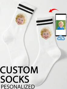 1 Pair Customized Face Pattern Mid-Calf Socks, Personalized Photo Printed Socks, Couple Socks, Customized Graphic Socks, Funny Face Design Socks, Anniversary Gift, Valentine's Day Gift, Birthday Gift, Wedding Gift, Mother's Day Gift, Father's Day Gift, Best Friend Gift, Autumn Socks - White - View 2
