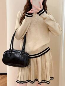 Alicedudu 女式学院风翻领毛衣和迷你裙两件套，秋冬 - 卡其色 - 查看 3