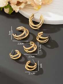 Bộ 3 đôi khuyên tai kim loại hình chữ C tối giản, nhỏ/trung bình/lớn, quà tặng phong cách cho cô ấy - Vàng - Xem 6