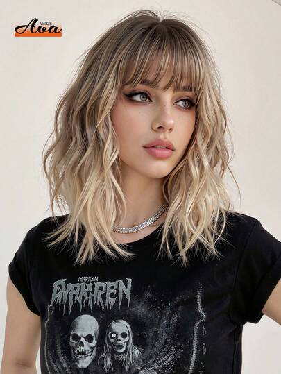 High Quality Natural Comfort Women's Wig Gradient 14 "Shaggy Bob Wig,Full Headpiece Long Curly Heat Resistant Women's Elegant Ombre Wig, Short Curly Synthetic Heat Resistant Wig Perfect For Daily Holiday Travel Wear