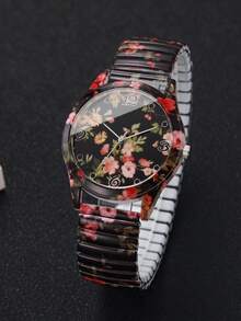 1pc Women's Elastic Band Fashion Casual Number Scale Dial Print Quartz Wrist Watch, Classic Stylish Design (1pc/Set, Watch Box Not Included) - 黑色 - 查看 5