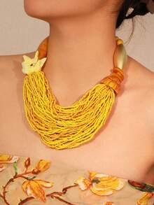 1 件波西米亚渐变多层串珠项链，海洋度假风格仿绿松石颈链