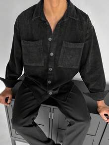 Men Long Sleeve Corduroy Old Money Shacket, Fall - Black - View 2