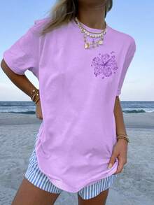 Oversized Y2k Graphic T Shirt For Women Teens Girl Floral Shells Starfish Butterfly Print Short Sleeve Baggy Tee Shirts Loose Fit Vintage Aesthetic Coastal Tops Summer Beach Vacation Preppy Going Out Tops Streetwear - 紫色 - 查看 4