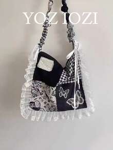 Retro Polka Dot Heart Canvas Tote Bag, Large Capacity Commuting Bag Suitable For College Students, Colorblock Handbag, Shoulder Bag, Versatile Campus Bag For Women - Black - View 1