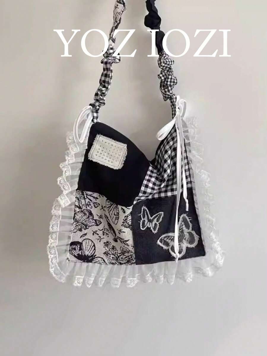 Retro Polka Dot Heart Canvas Tote Bag, Large Capacity Commuting Bag Suitable For College Students, Colorblock Handbag, Shoulder Bag, Versatile Campus Bag For Women - Black - View 1