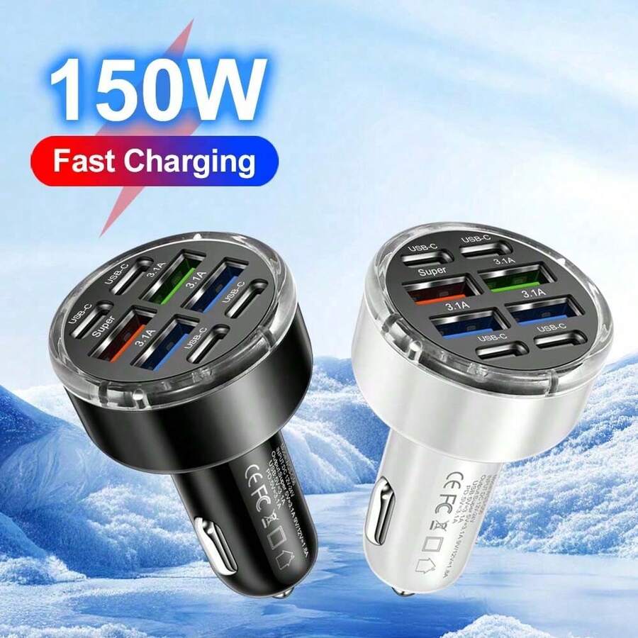 1个150W 8口车载充电器，支持PD/QC3.0快充，USB-C接口，兼容 16/15/14/13/12，兼容苹果设备，兼容iPad、安卓手机、笔记本电脑等。支持快速充电，并可同时为多设备充电。设计紧凑，方便快捷，随时随地高效充电。这款车载快充充电器是送给家人、朋友、孩子、生日、圣诞节、冬季的理想礼物，也是汽车配件的完美之选。