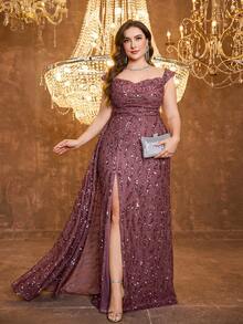 [随机印花] UNITHORSE Plus 女士抹胸褶饰胸背带设计飘逸开衩优雅晚礼服 - 中紫紅色 - 查看 1