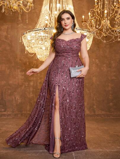 [Estampado aleatorio] Vestido de noche elegante con tela flotante, diseño de tirantes con espalda con repliegues en el busto y abertura para las mujeres talla grande UNITHORSE