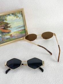 2pcs Women Fashion Glasses Metal Frame Oval Hexagonal New Vintage Style Polygon Glasses Daily Y2K For Beach, Vacation, Outdoor, Travel, Winter - 黑/黑 - 查看 2