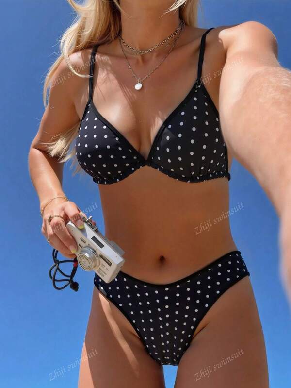 Der neue schwarze Polka-Punkt Bademode Bikini für Frauen für den Strandurlaub