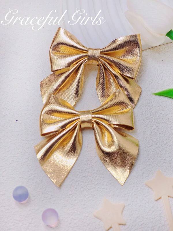 2Pcs Golden Color Hair Bows Adorable Hair Barrettes Elegant Hair Ribbons Fashion Bowknot Hair Clips For Girls Daily Wear Suitable For Many Occasion Party Decor Outgoing Summer Vacation