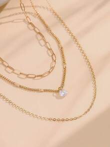 3 件套简约经典格子回形针链和扁平闪亮刻面方晶锆石多层项链，适合女性度假佩戴（扁平间距和距离位置随机） - 金黃色 - 查看 2