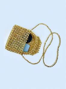 New Mini Black Spikes Beaded Handbag, Tote And Shoulder Bag - Gold - View 7