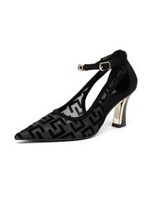 Ladies Fashion Retro Mesh Hollow Geometric Pattern Pointed Toe Thick High Heels Shoes Urban Evening Style Black Suede Stitching High Heels - Black - View 10