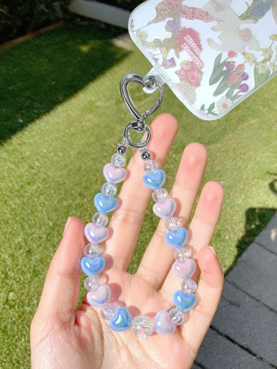 1 件渐变粉色和蓝色亚克力心形串珠饰品、手机挂绳和钥匙扣