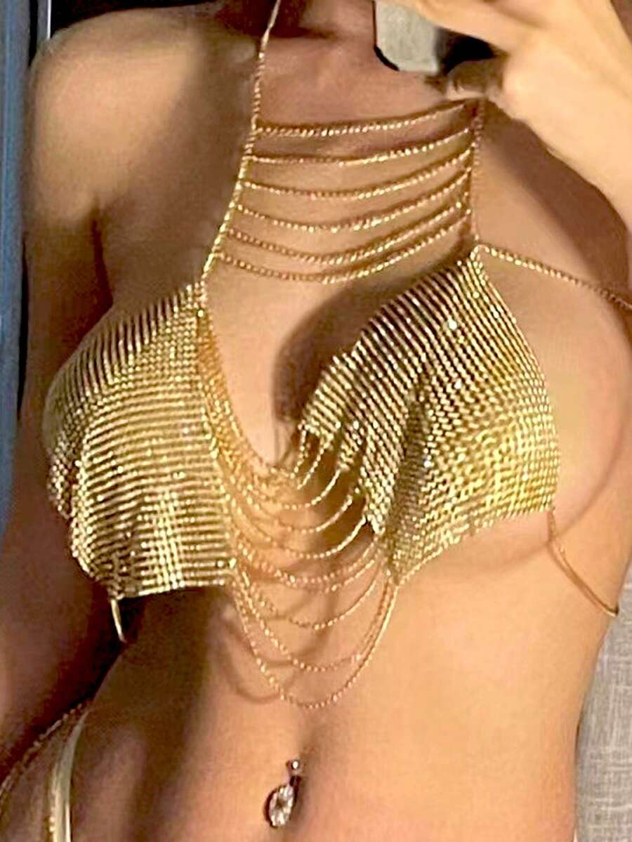 Women Body Chain Lingerie Halter Neck Tassel Rhinestone Bra Bralette Crop Tops Nightwear Streetwear