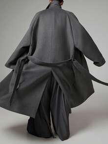 Men's Long Sleeve Casual/Business Solid Color Belted Trench Coat, Autumn/Winter - Dark Grey - View 3