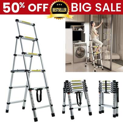 AutoFu Foldable 4+5/5+6/6+7 Steps Multi-Purpose A-Frame Telescopic Step Ladder, With Non-Slip Feet, Portable Extension Ladder Adjustable Lightweight Folding Ladder For Home Or RV Work, 330lb Load Capacity
