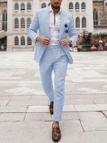 Mens Linen Suit For Summer Casual Beach Wedding 2 Pieces Suits Transparent Men Casual Business Linen Suit For Party Grooms Tuxedo Lightweight Blazer Jacket Pants - 淺藍色 - 查看 3