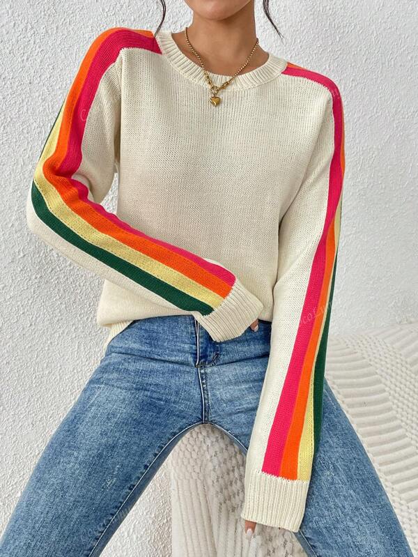 Maglione casual girocollo a righe arcobaleno colorato da donna, con maniche lunghe, adatto per autunno e inverno
