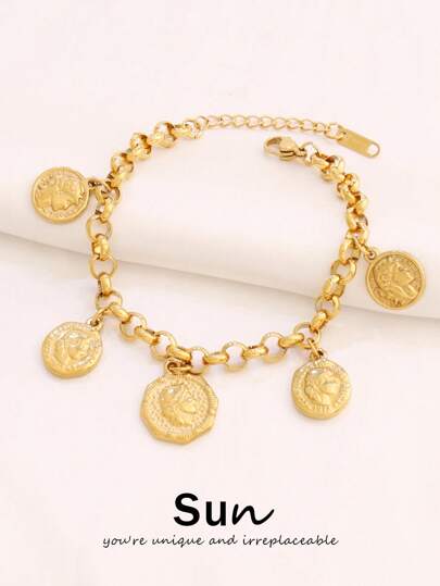 1pc Stainless Steel Queen Coin Pendant Bracelet Fashion Gold Color Coin Charms Chain Bracelets For Women WaterProof Jewelry