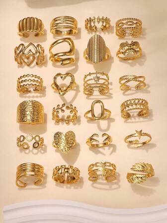 6/16/12/24件不锈钢金色几何图案混合优质戒指套装，款式随机发货，尺寸可调，适合女性日常装饰或送礼