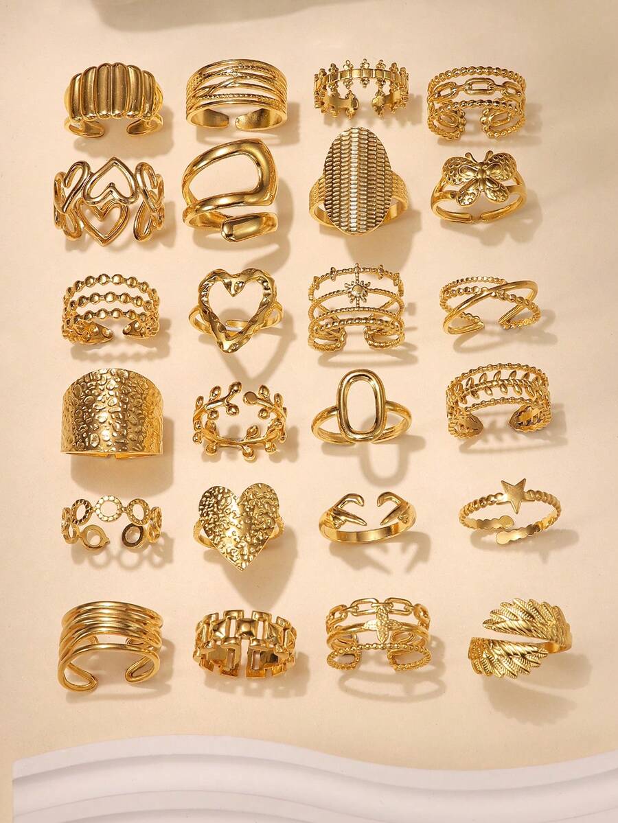 6/16/12/24件不锈钢金色几何图案混合优质戒指套装，款式随机发货，尺寸可调，适合女性日常装饰或送礼 - 金黃色 - 查看 1