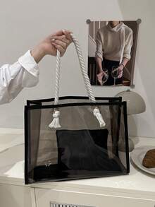 2pcs/Set Women Fashion Color Block Transparent Beach Tote Bags - Black - View 3