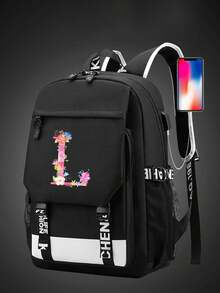 1 件带充电端口的字母图案印花功能性尼龙背包，男女皆宜，适合高中生和大学生、旅行和度假使用（字母从 A 到 Z）