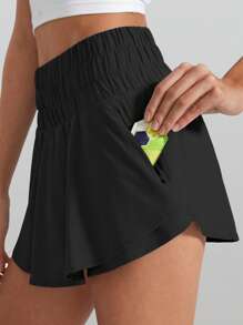 RUNONWHEELS 5 Short athlétique pour femme Taille haute Jupe à volants flottante Superposé pour Entraînement Course Tennis avec Poche Zippée