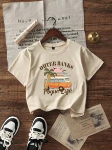 Girls & Teenage Students Casual Apricot Color Graphic Print Round Neck Short Sleeve T-Shirt, Summer Top