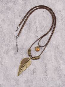 1pc Multi-Layer Brown Wax Rope Vintage Round Disc Five-Pointed Star Wood Bead Pendant Necklace With Big Hollow Leaf & Money Tree Charm, Antique Bronze Key & Note Pendant Necklace, Fashion Long Necklace, Great Gift For Mom & Girlfriend