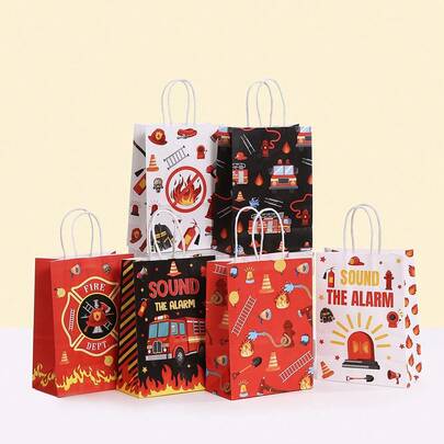 6/12/24pcs Cartoon Firefighter Theme Paper Gift Bags, Fire Truck Shaped, Suitable For Storing Candies, Cookies, Birthday Party Decoration