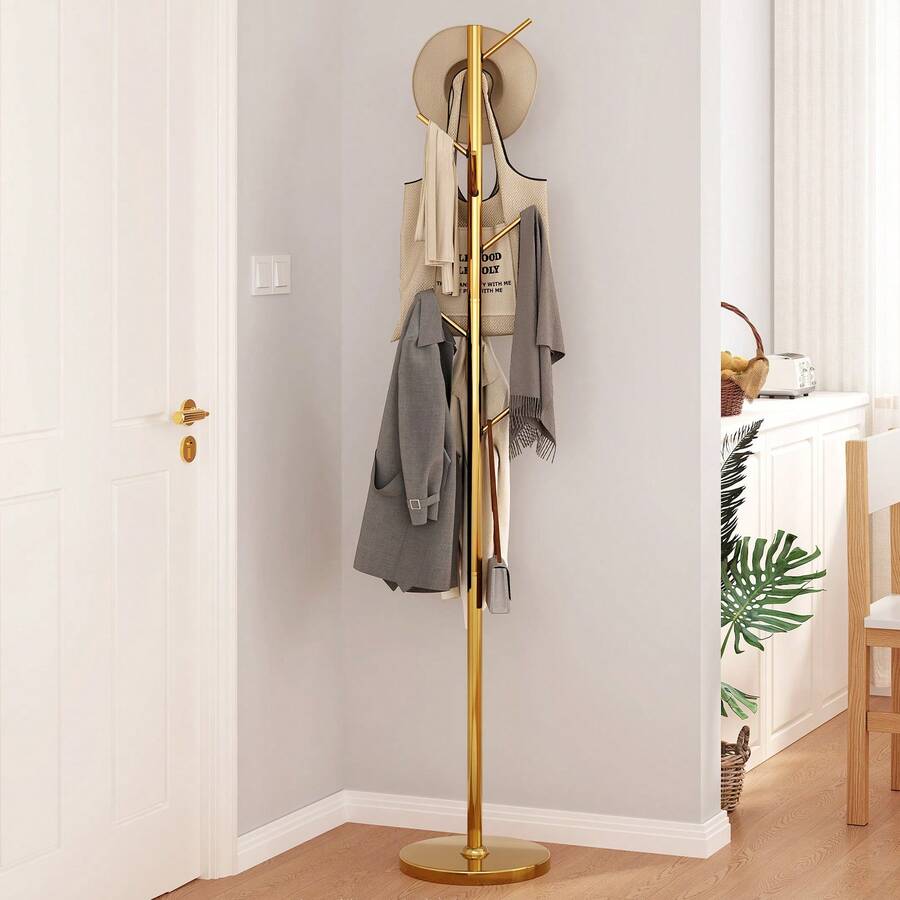 Guyii Metal Coat Rack With 8 Hooks, Modern Tree Branch Style Stand For Coats, Hats, Scarves, Sturdy Floor Clothing Organizer For Entryway, Living Room, Bedroom, Office - 金色 - 查看 1