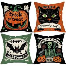 4 件万圣节快乐装饰抱枕套 16 X16 英寸 / 18 X18 英寸 / 20 X20 英寸，不给糖就捣蛋杰克灯笼南瓜黑猫户外门廊家居装饰，老哥特式骷髅鬼蝙蝠沙发靠垫套 - 綠橙黑 - 查看 1