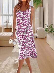 时尚印花无袖连衣裙，轻盈优雅，适合休闲外出、居家、旅行、工作、婚礼、派对、海滩、睡衣等多种场合。 - 紫色 - 查看 3