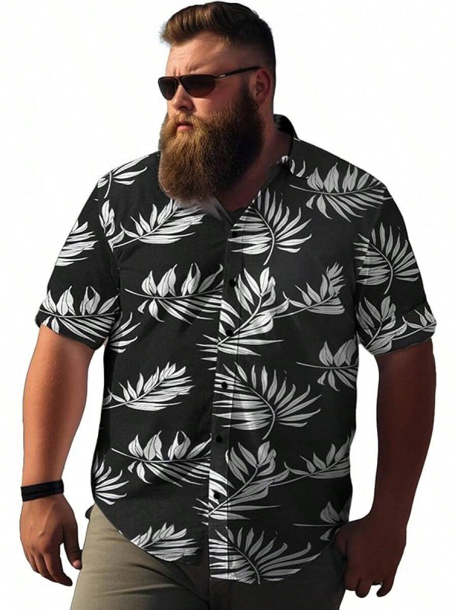 Big And Tall Men's Hawaiian Shirt - Short Sleeve, Tropical Floral Button Down Casual Summer Beach Shirthalloween - Lá cọ đen mới - Xem 1
