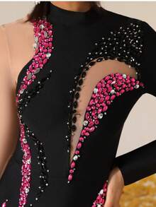 Love Aing Women's Handmade Rhinestone & Colorful Diamond Mesh Splice Slit Contrast Color Elegant Sexy Fitted Cocktail Party Dress, Suitable For Wedding Guest