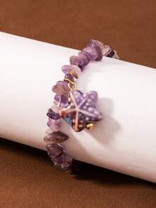 1 pieza Pulsera con colgante de estrella de mar de cerámica con cuentas de amatista natural, estilo resort de playa, verano