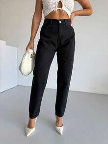 Hoch taillierte Knie Laser zerrissene Freund Mutter Jeans, einfarbig zerstört asymmetrische/asymmetrische Taschen